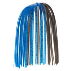 Fishing lure skirt with bright blue hanging strands and dark brown side strands