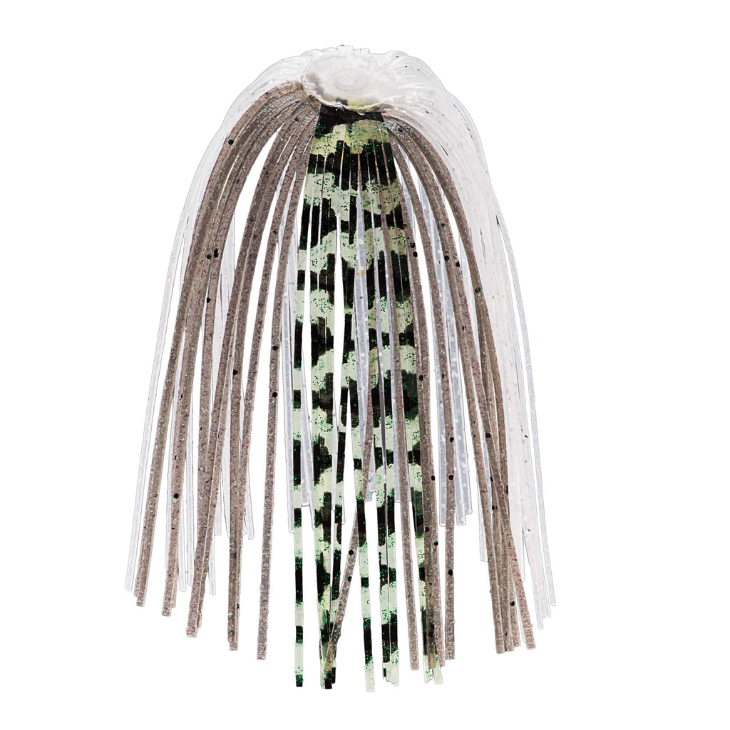Fishing lure skirt with white-silver metallic fringe and black speckled strands