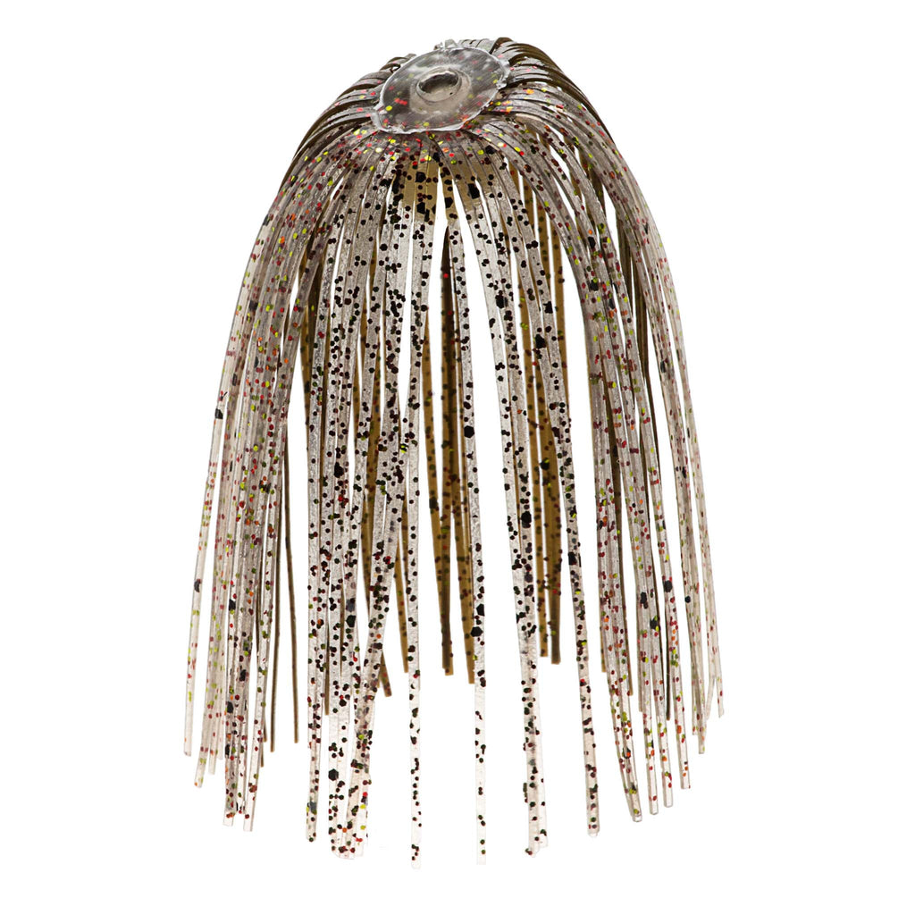 Fishing lure skirt with white metallic fringe and scattered black and red specks