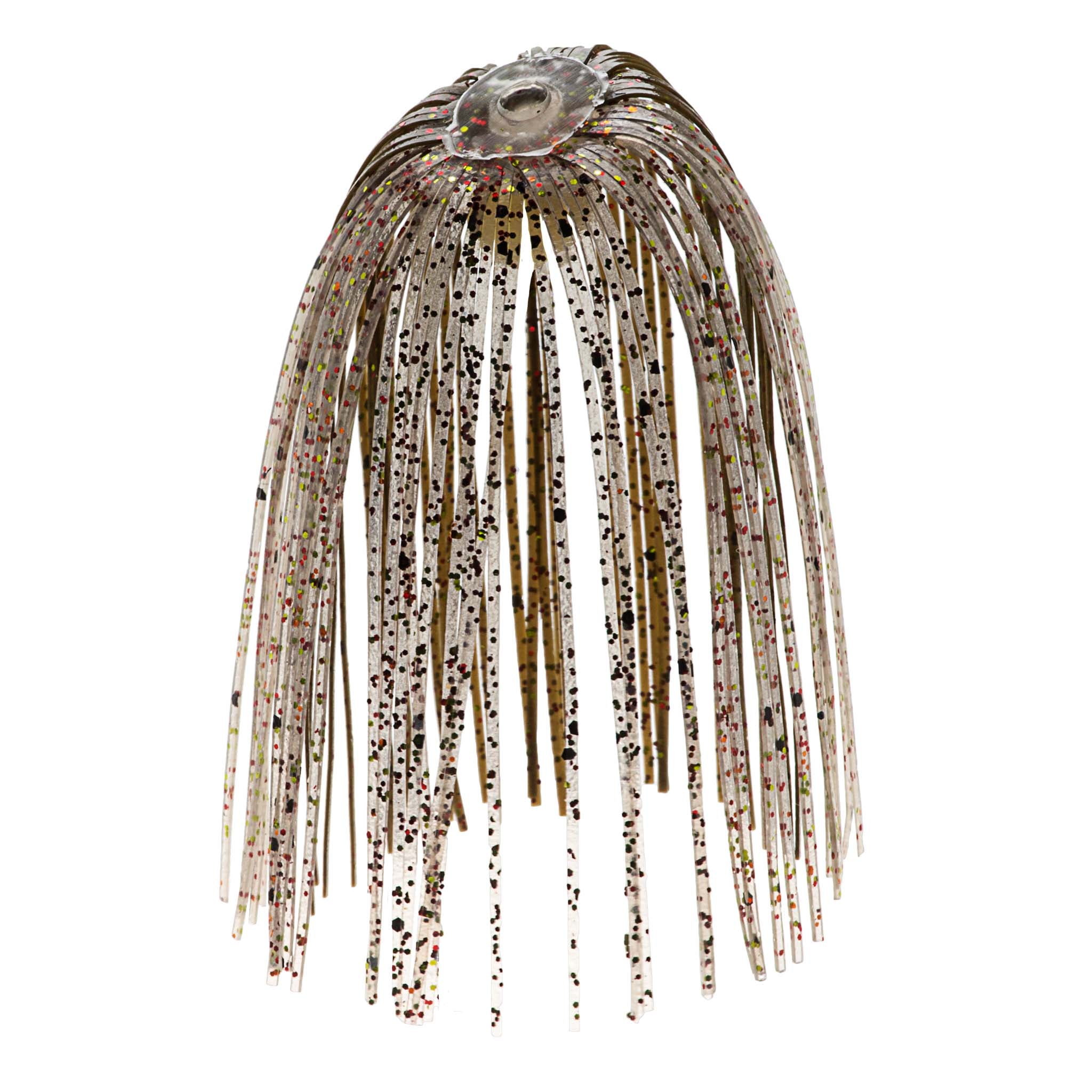 Fishing lure skirt with white metallic fringe and scattered black and red specks