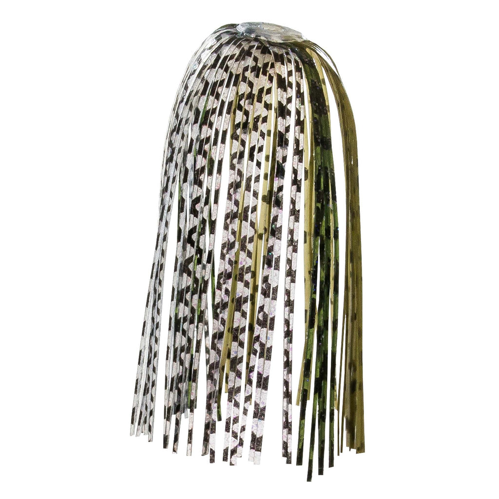 Fishing lure skirt with silver-white metallic fringe and olive-green accent strands