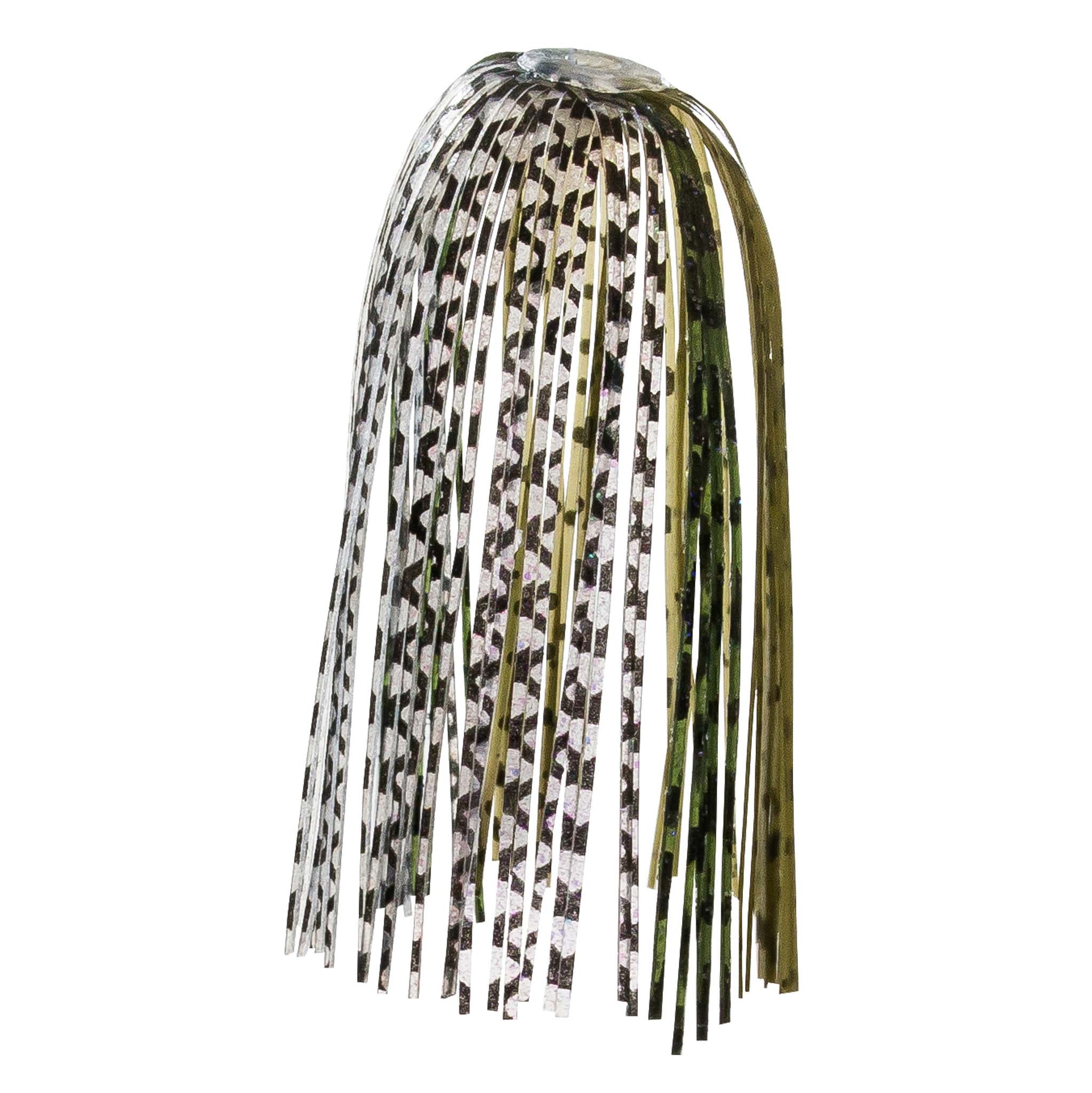 Fishing lure skirt with silver-white metallic fringe and olive-green accent strands