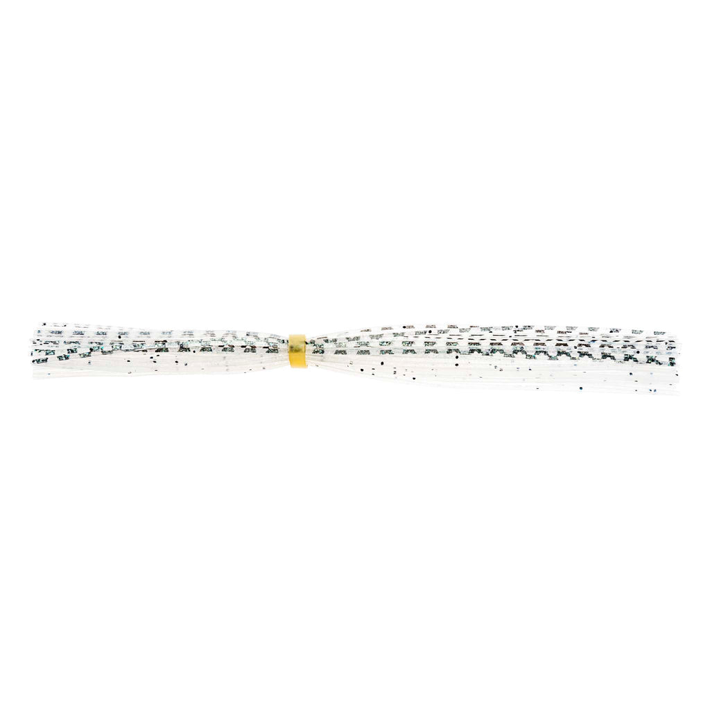 Pearl-white banded fishing lure skirt with black-speckled strands and connector