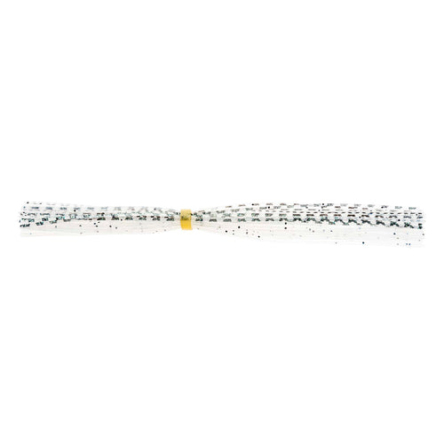 Pearl-white banded fishing lure skirt with black-speckled strands and connector