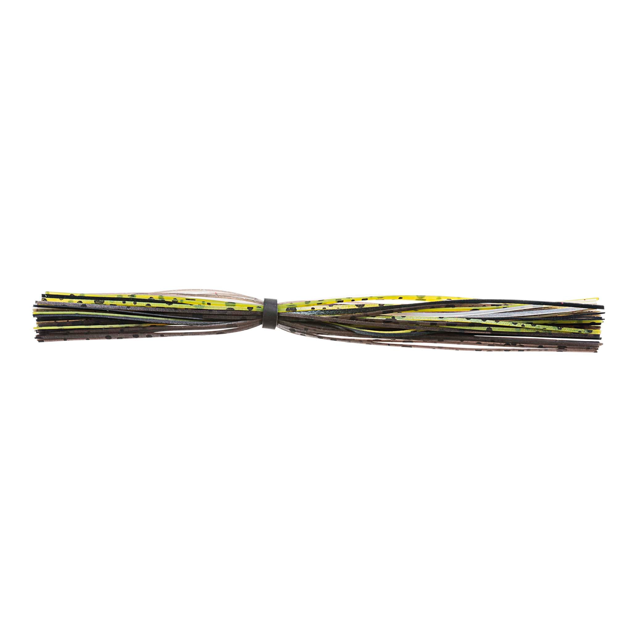 Green and yellow banded fishing lure skirt with dark base and center connector