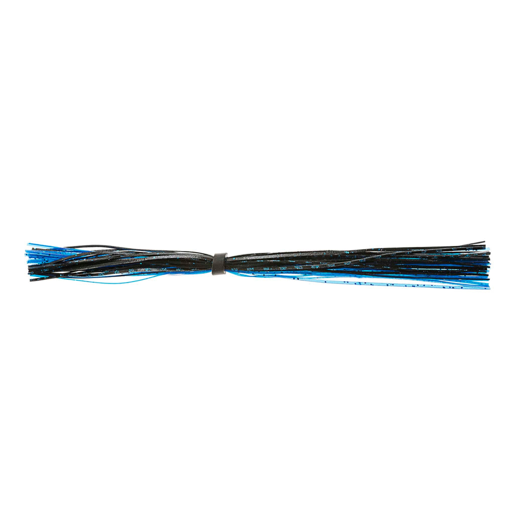 Blue and black banded fishing lure skirt with bright blue strands and connector