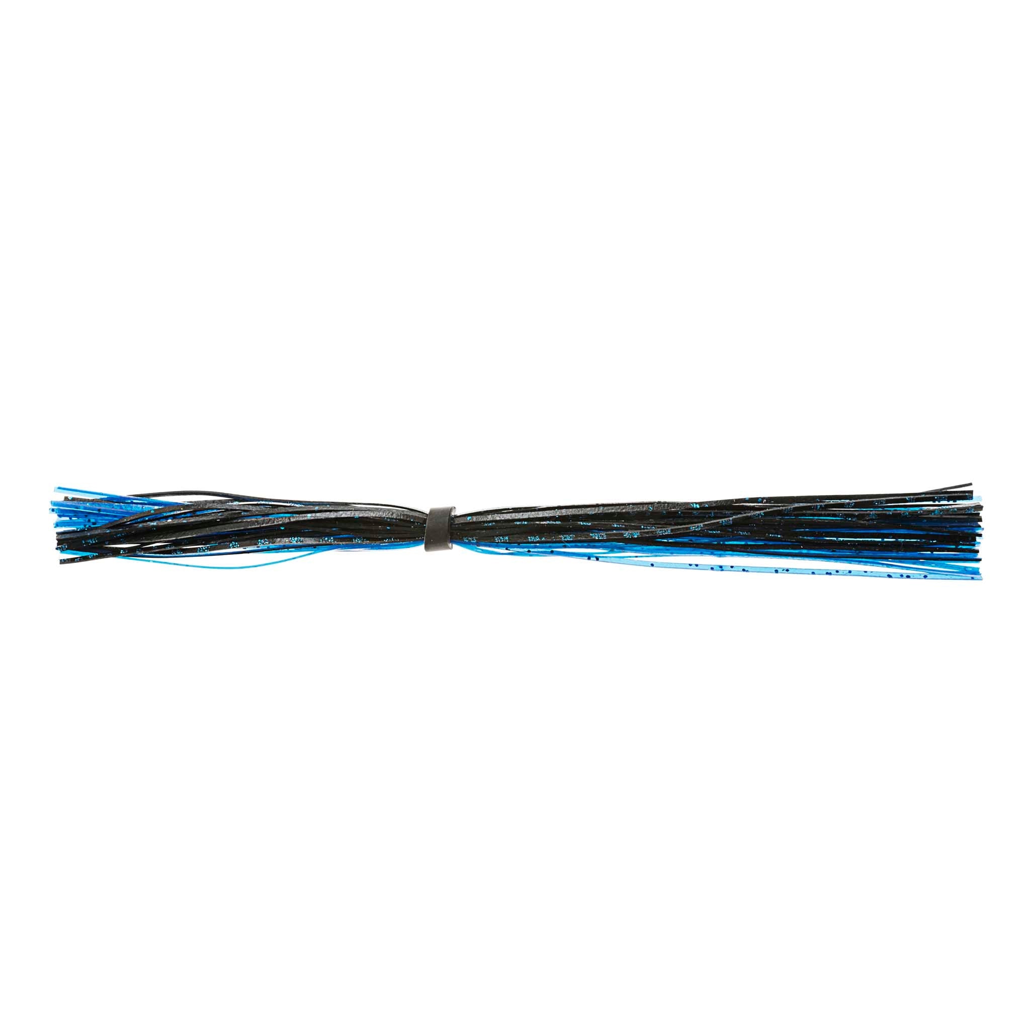 Blue and black banded fishing lure skirt with bright blue strands and connector