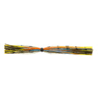 Orange and yellow banded fishing lure skirt with blue speckled strands and connector
