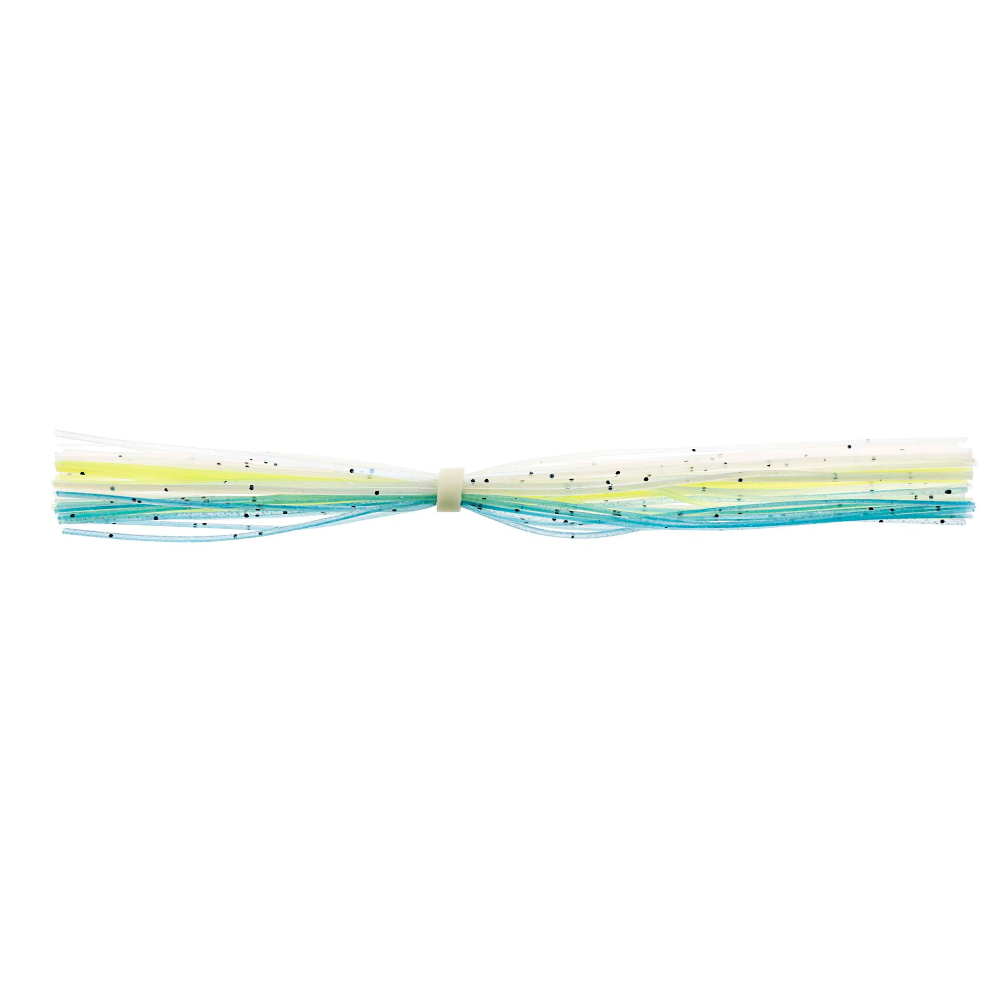 White, chartreuse, and blue banded fishing lure skirt with center connector