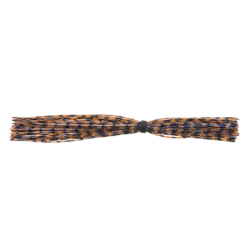 Brown and orange banded fishing lure skirt with patterned bristles and connector