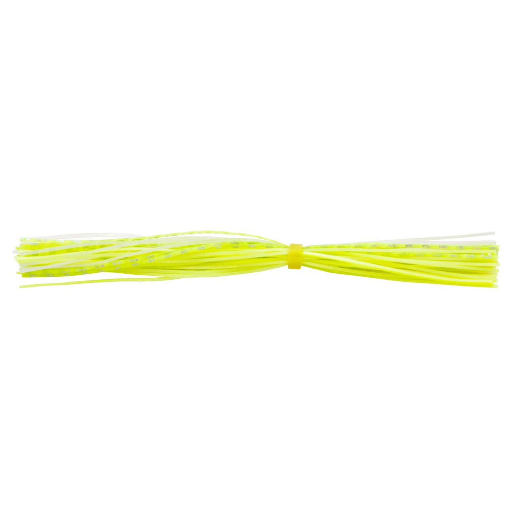 Fishing lure skirt with neon chartreuse green strands and yellow band
