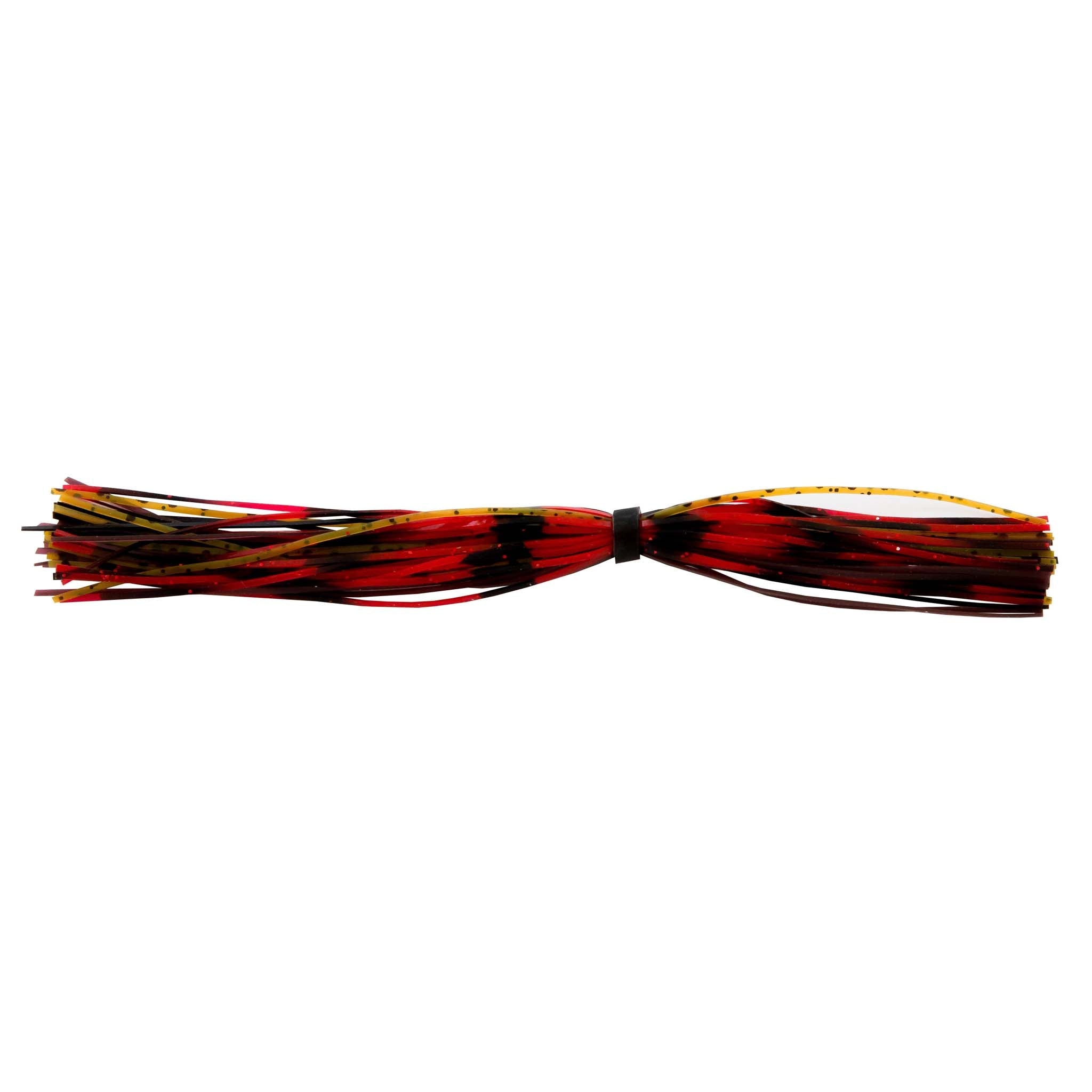 Fishing lure skirt with red and black strands and black center band