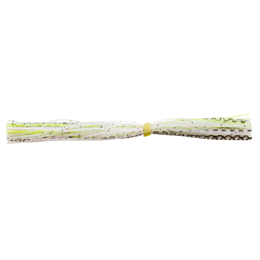Fishing lure skirt with white strands, green speckles, and yellow band