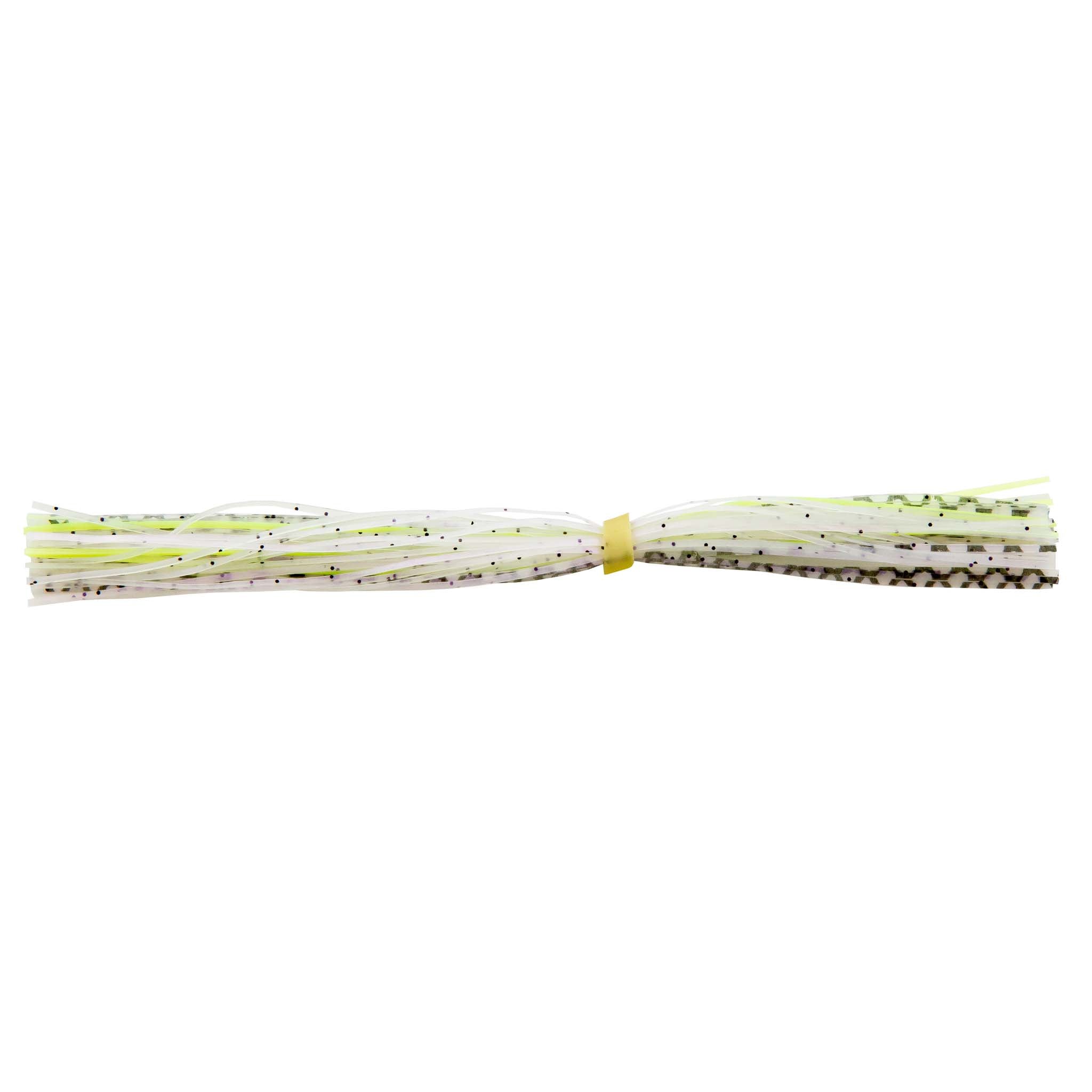 Fishing lure skirt with white strands, green speckles, and yellow band