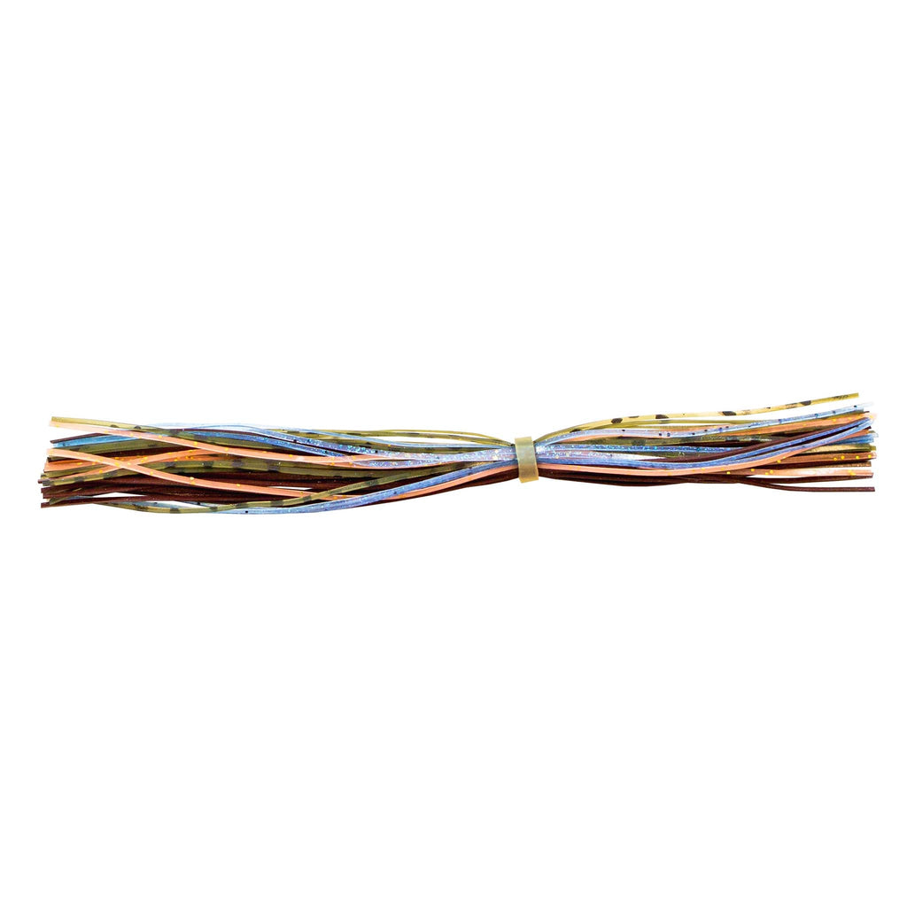 Fishing lure skirt with blue and orange strands with yellow center band