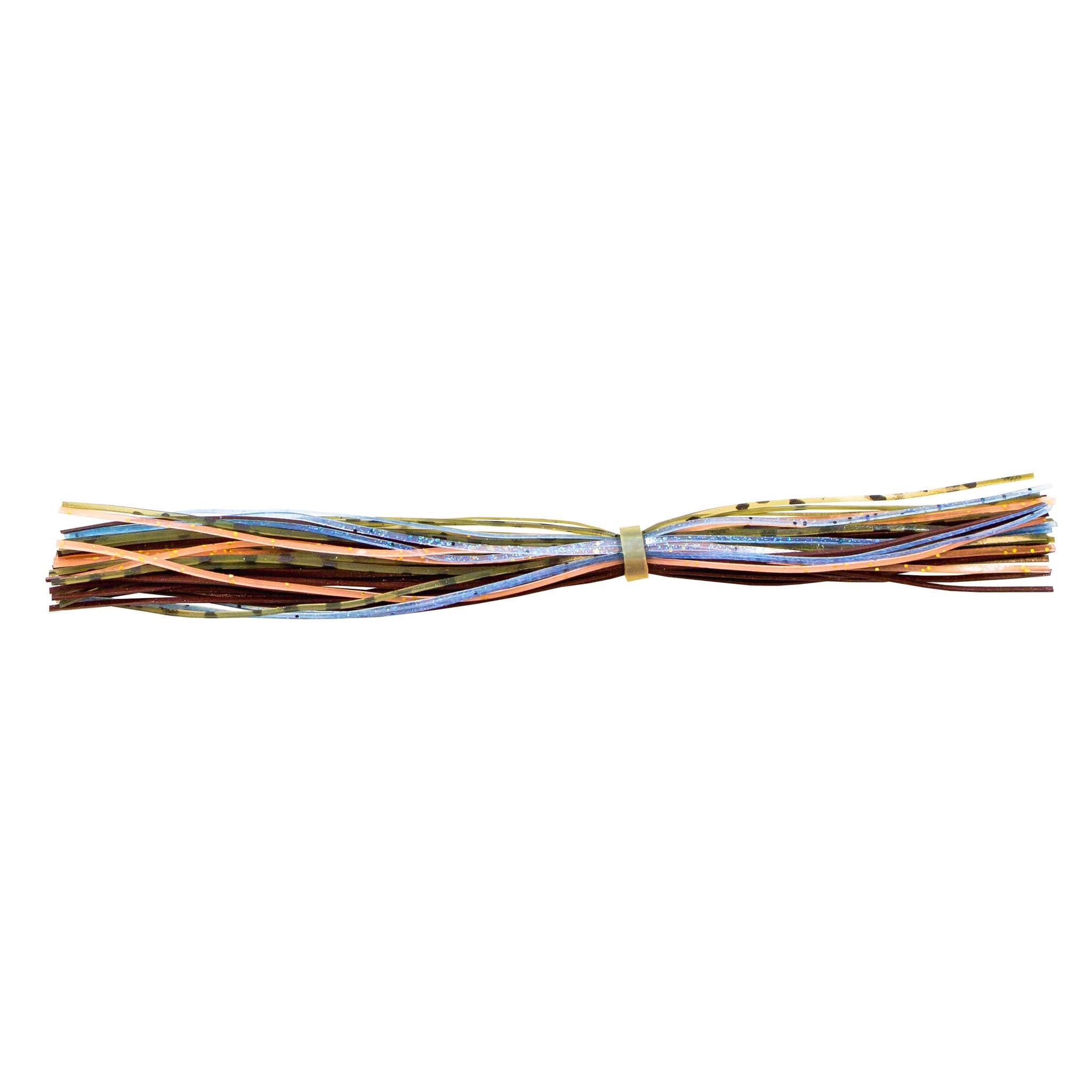 Fishing lure skirt with blue and orange strands with yellow center band