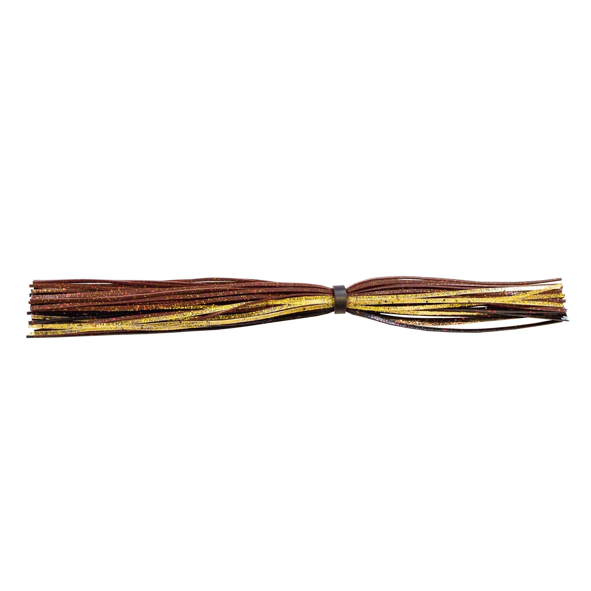 Fishing lure skirt with brown, gold, and black strands and black center band