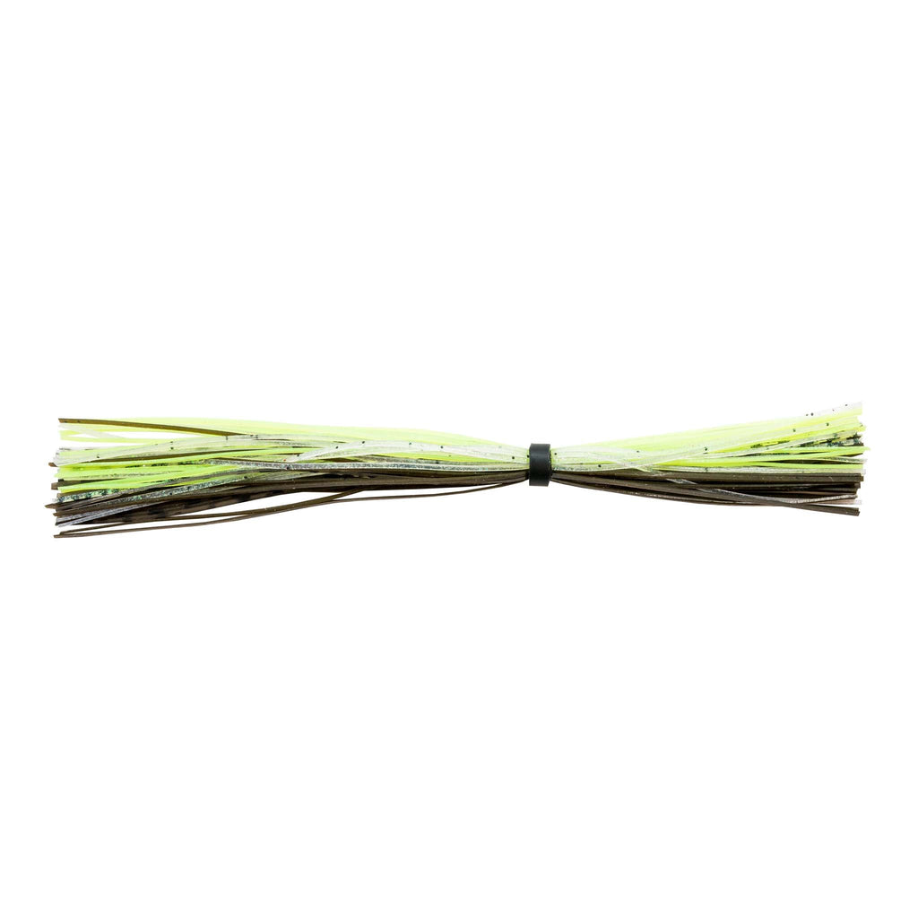 Fishing lure skirt with lime green and white strands and dark center band