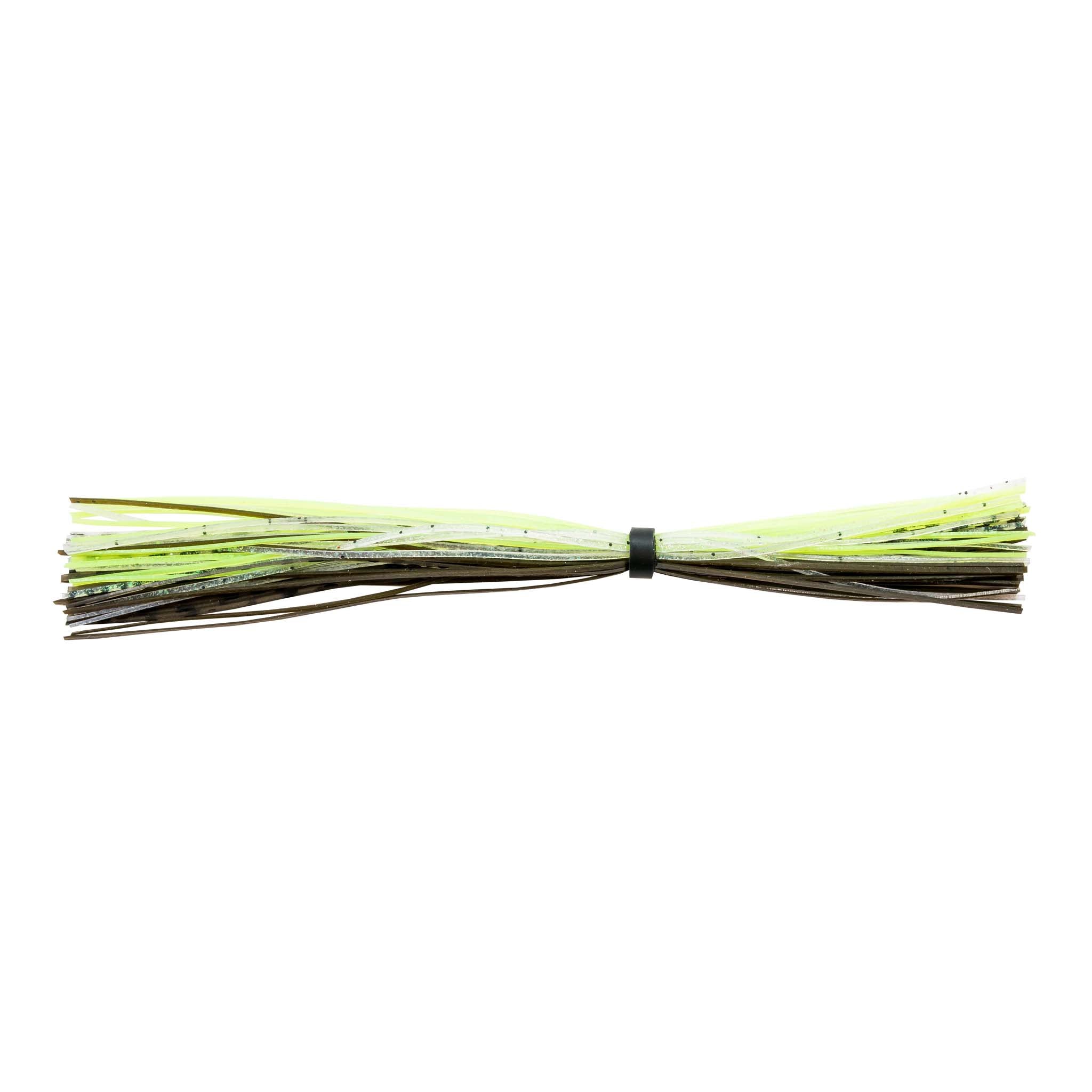 Fishing lure skirt with lime green and white strands and dark center band