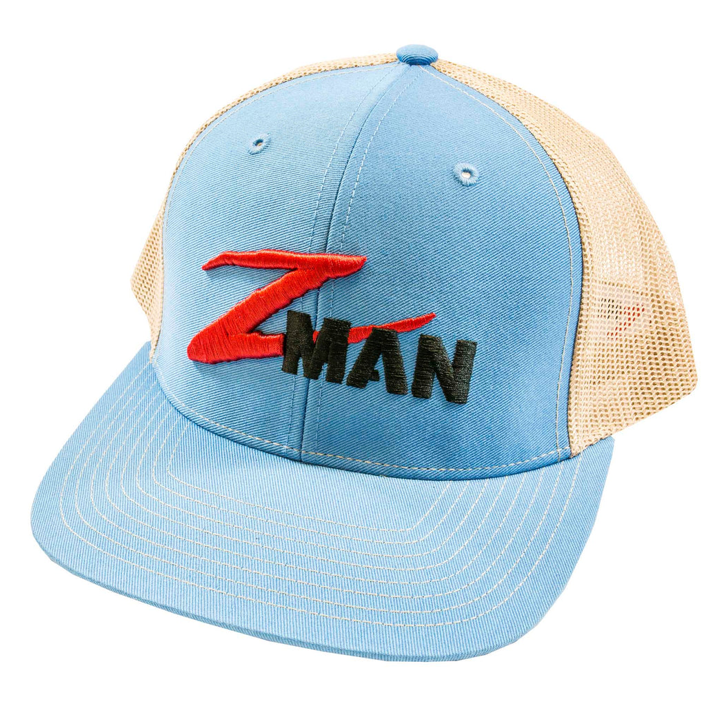 Structured trucker hat with blue front, khaki mesh sides, red and black logo