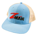 Structured trucker hat with blue front, khaki mesh sides, red and black logo