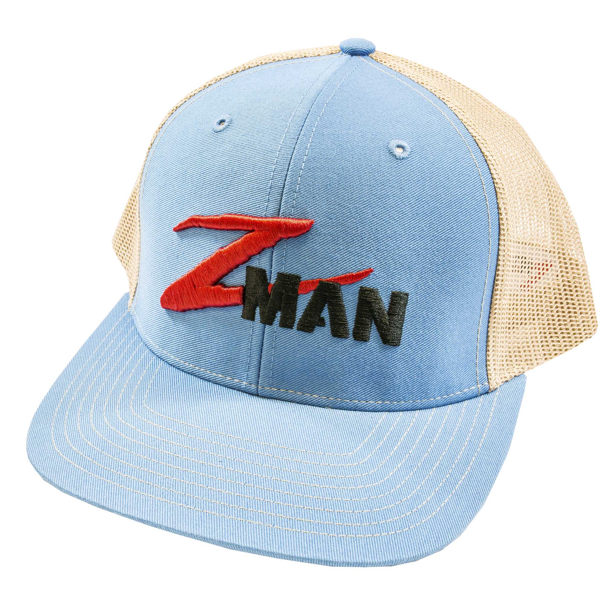 Structured trucker hat with blue front, khaki mesh sides, red and black logo