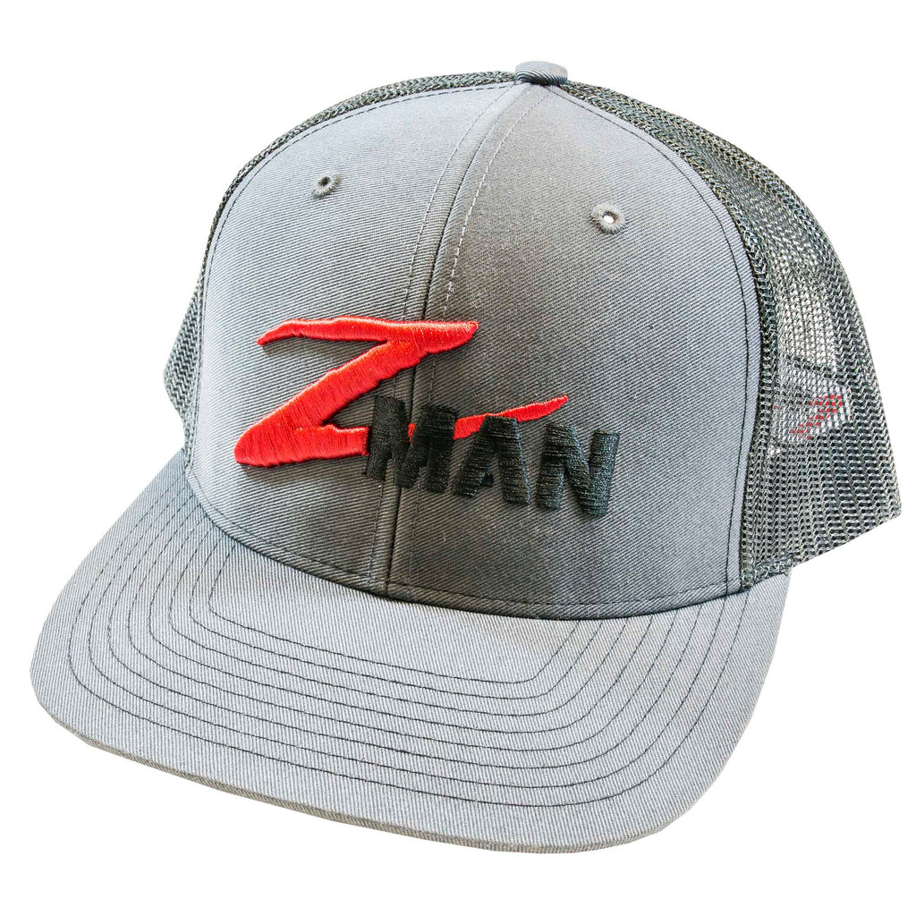 Structured trucker hat with gray front, dark mesh sides, red and black logo