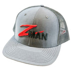 Structured trucker hat with gray front, dark mesh sides, red and black logo