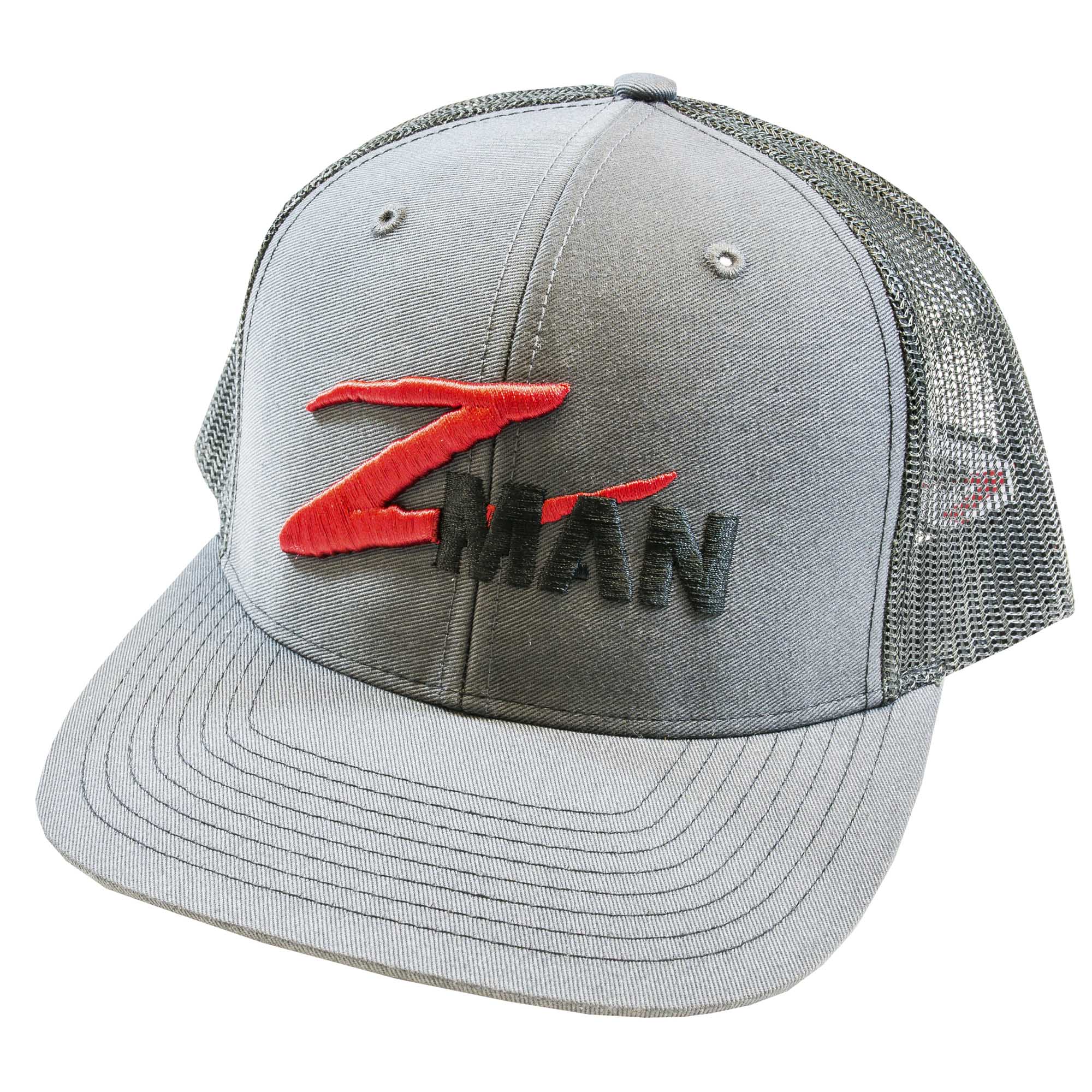 Structured trucker hat with gray front, dark mesh sides, red and black logo