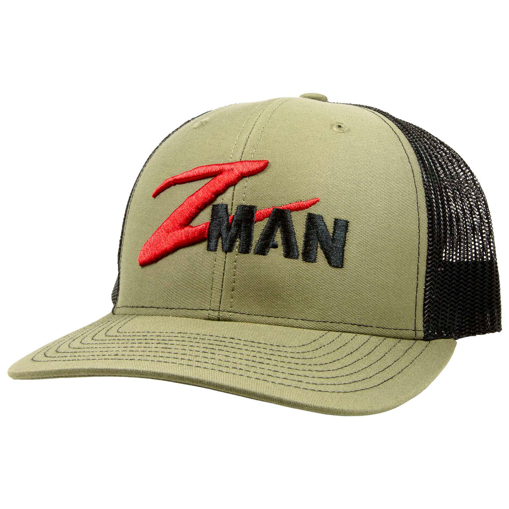 Structured trucker hat with loden green front, black mesh sides, red and black logo