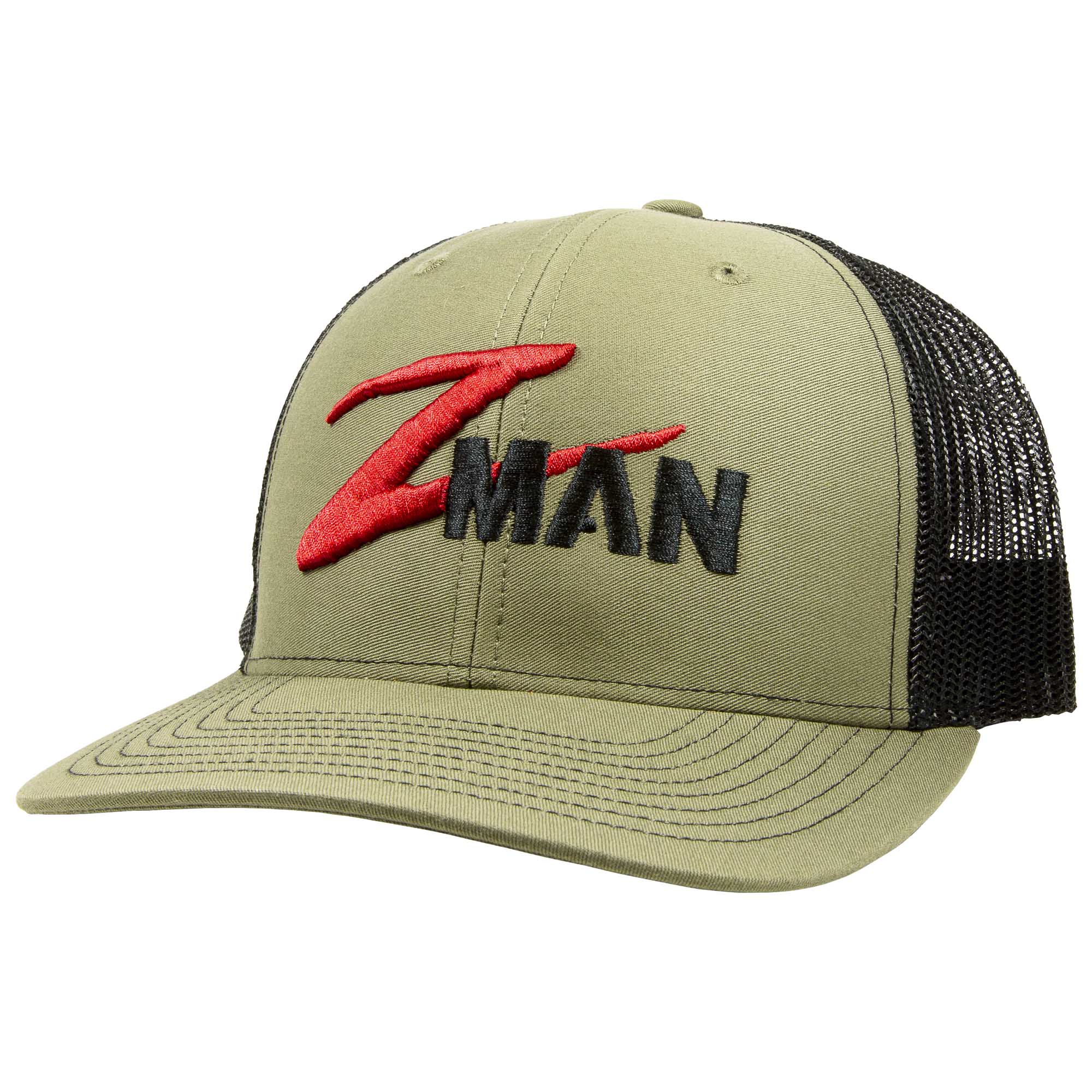 Structured trucker hat with loden green front, black mesh sides, red and black logo