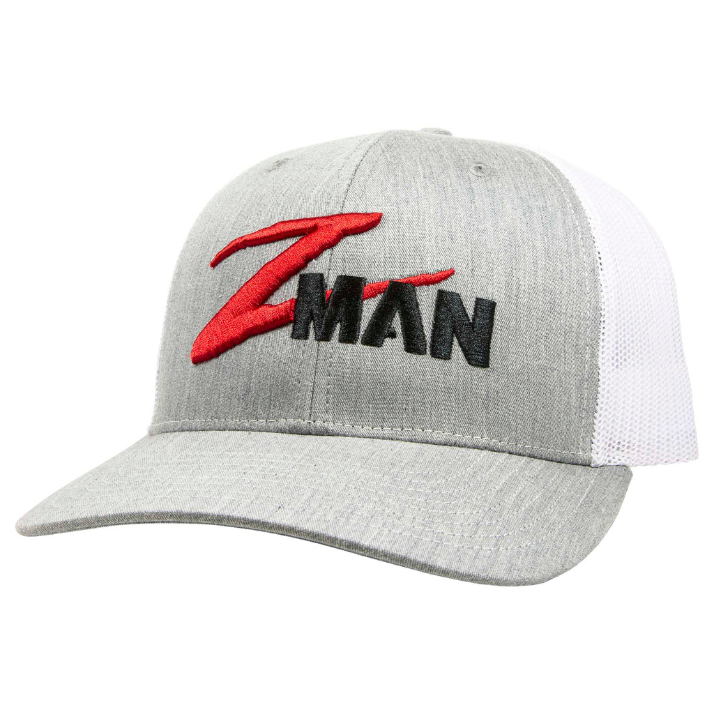 Structured trucker hat with light gray front, white mesh sides, red and black logo