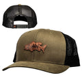 Olive green trucker cap with black mesh back, stitched bass patch front.