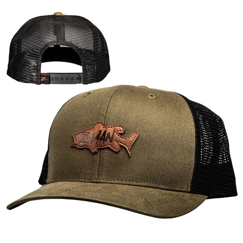 Olive green trucker cap with black mesh back, stitched bass patch front.