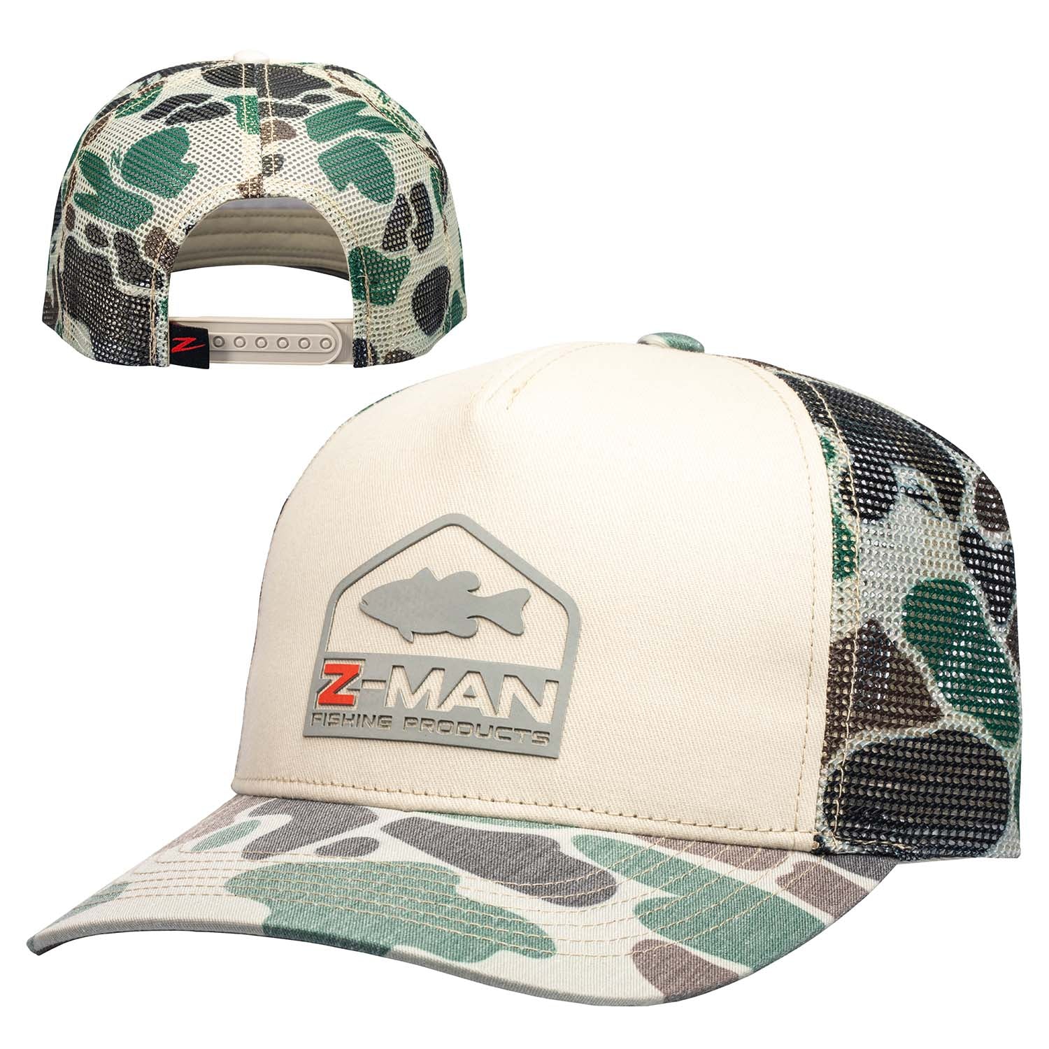 Khaki camo bass trucker hat with mesh back and Z-MAN front patch