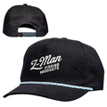 Navy baseball cap with embroidered "9-Man Fishing Products" logo and blue brim trim