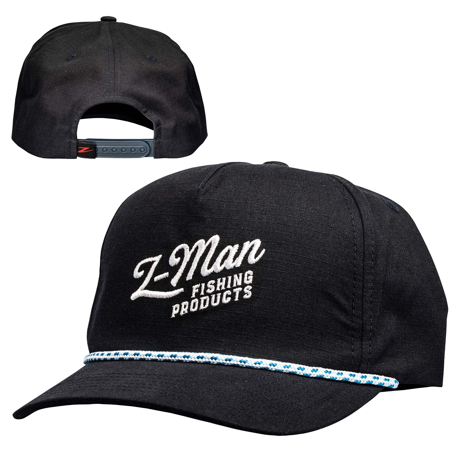 Navy baseball cap with embroidered "9-Man Fishing Products" logo and blue brim trim