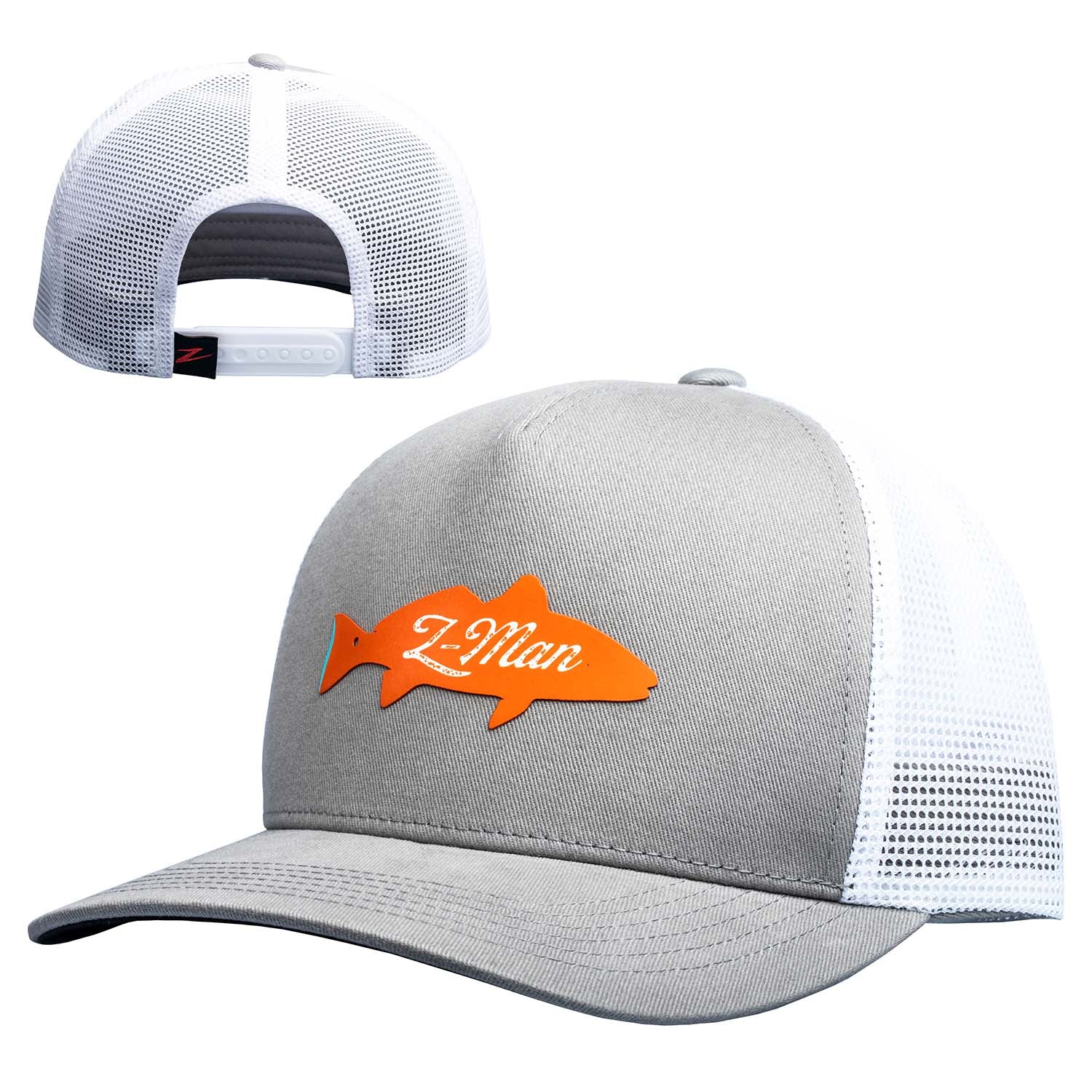 Gray and white trucker cap with orange fish logo on front mesh panels
