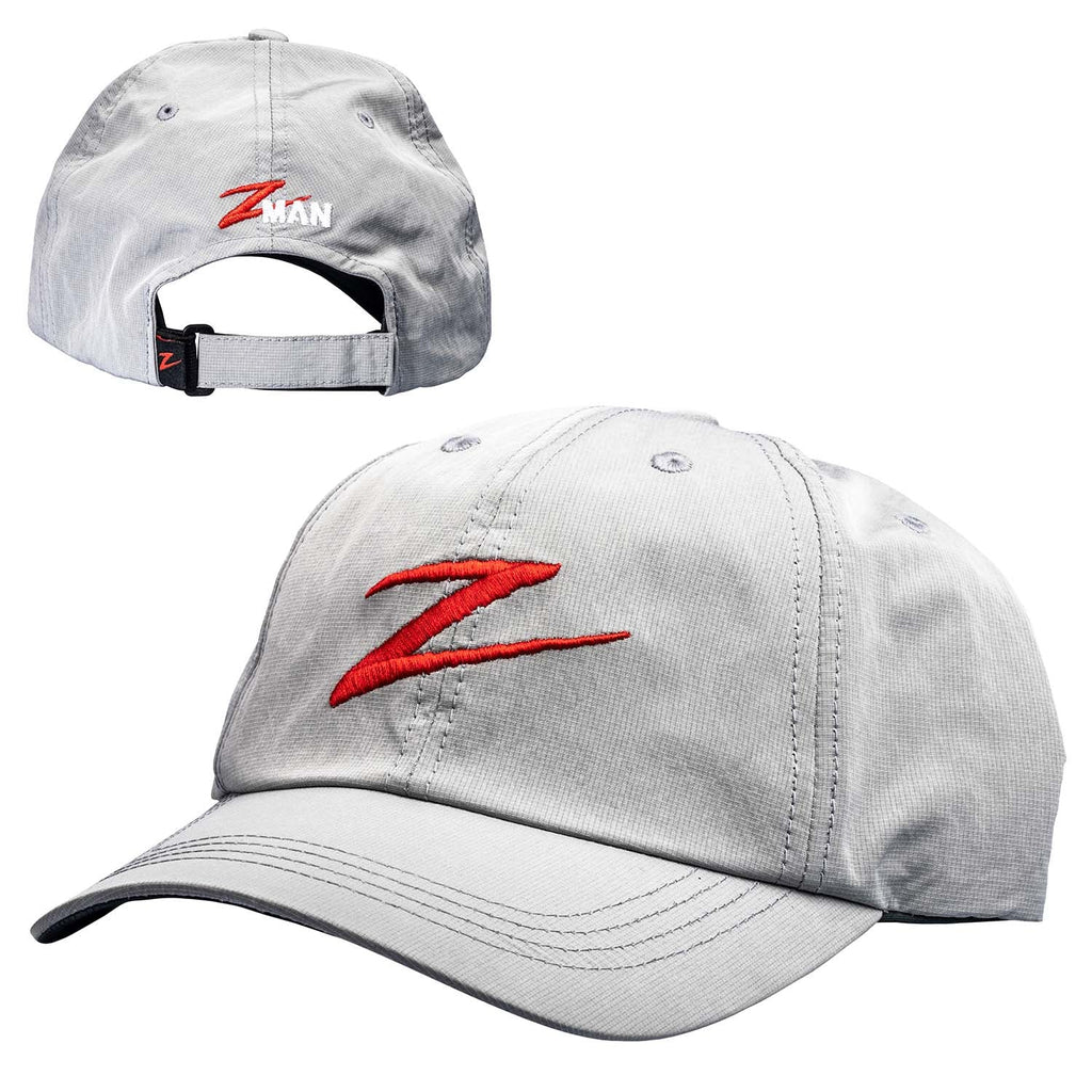 Light gray baseball cap with red Z embroidered logo and curved brim, adjustable strap