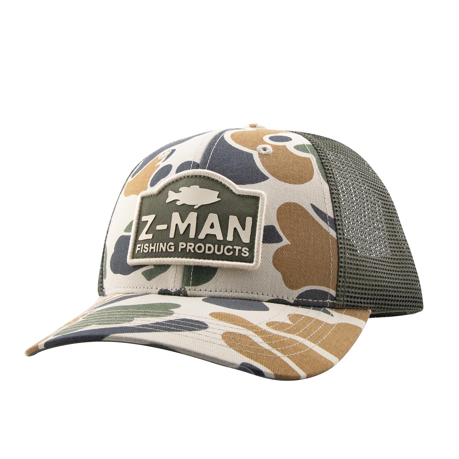 Stone and green camo trucker hat with front Z-MAN patch and mesh back