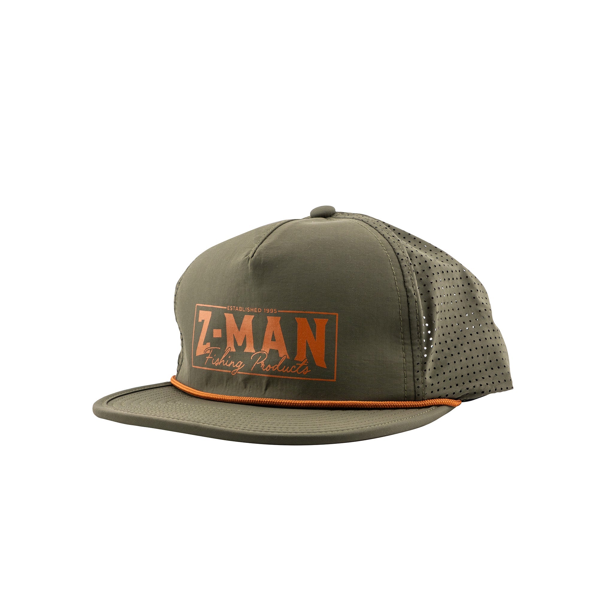 Olive tech baseball cap with mesh back and front logo patch, flat brim