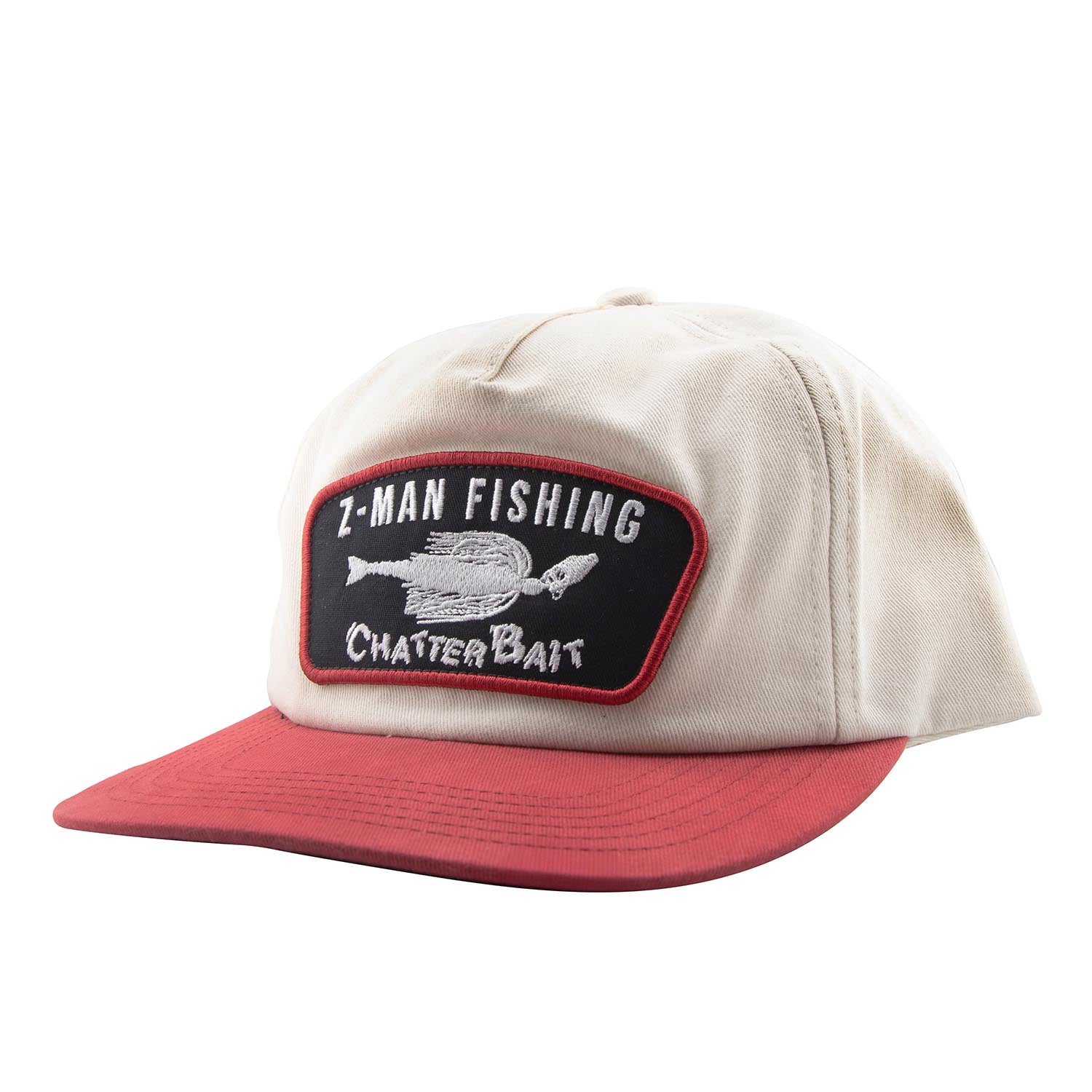 Vanilla snapback hat with red brim and front fishing logo patch