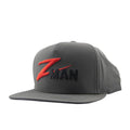 Charcoal flat-bill cap with red embroidered logo and black lettering