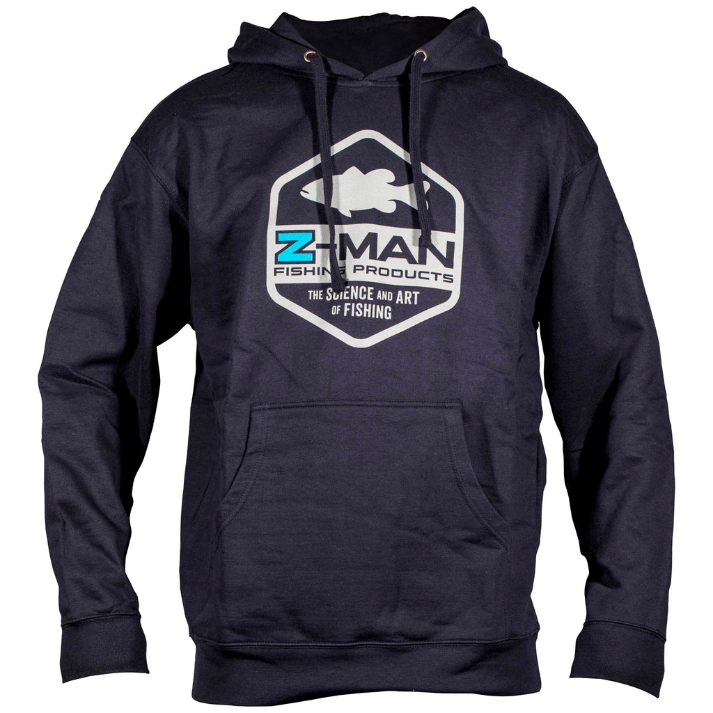 Navy Z-MAN logo hoodie featuring large chest emblem, hood with drawstrings, pouch pocket