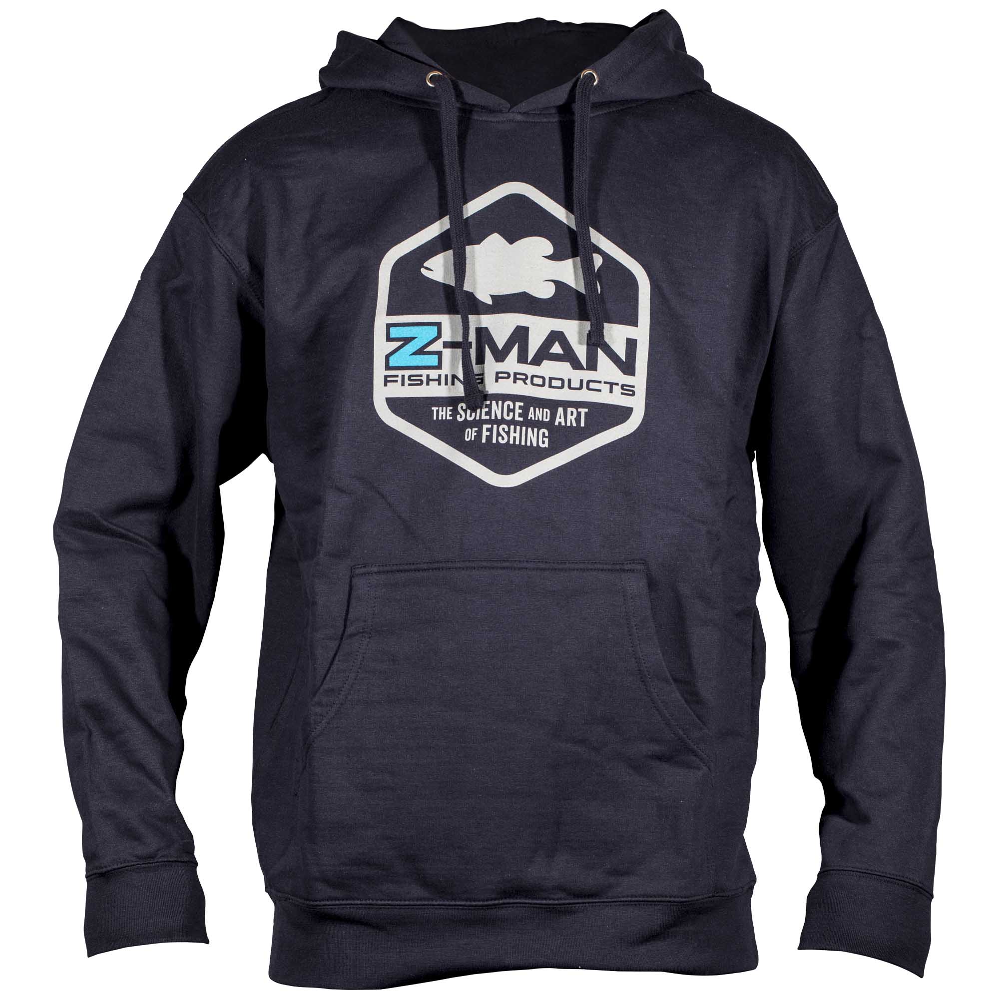 Navy Z-MAN logo hoodie featuring large chest emblem, hood with drawstrings, pouch pocket