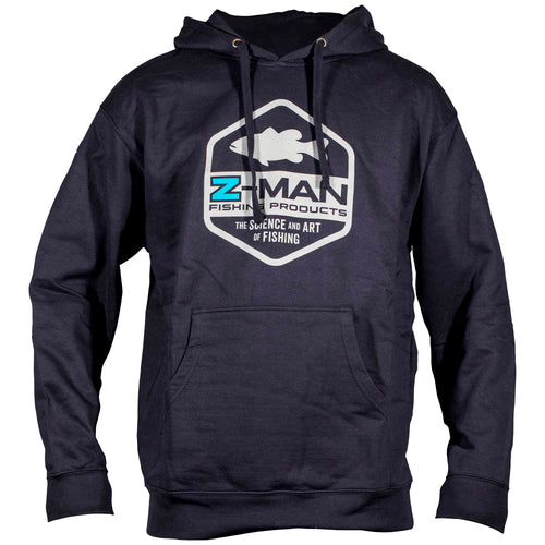 Navy Z-MAN logo hoodie featuring large chest emblem, hood with drawstrings, pouch pocket