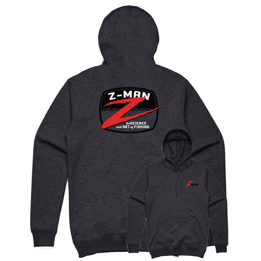 Charcoal heather pullover hoodie with Z-MAN logo graphic on back and small chest mark