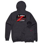 Charcoal heather pullover hoodie with Z-MAN logo graphic on back and small chest mark