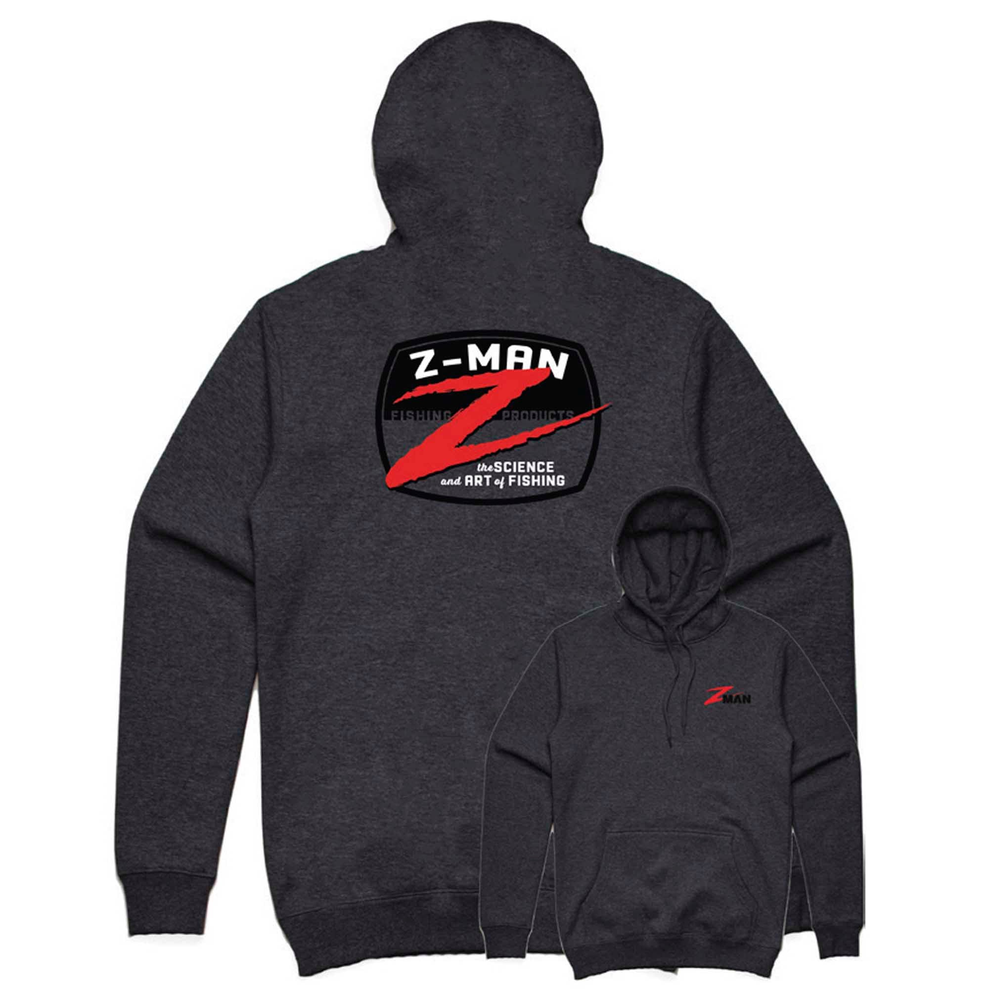Charcoal heather pullover hoodie with Z-MAN logo graphic on back and small chest mark