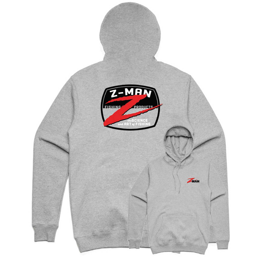 Gray heather pullover hoodie with Z-MAN logo graphic on back and small chest mark